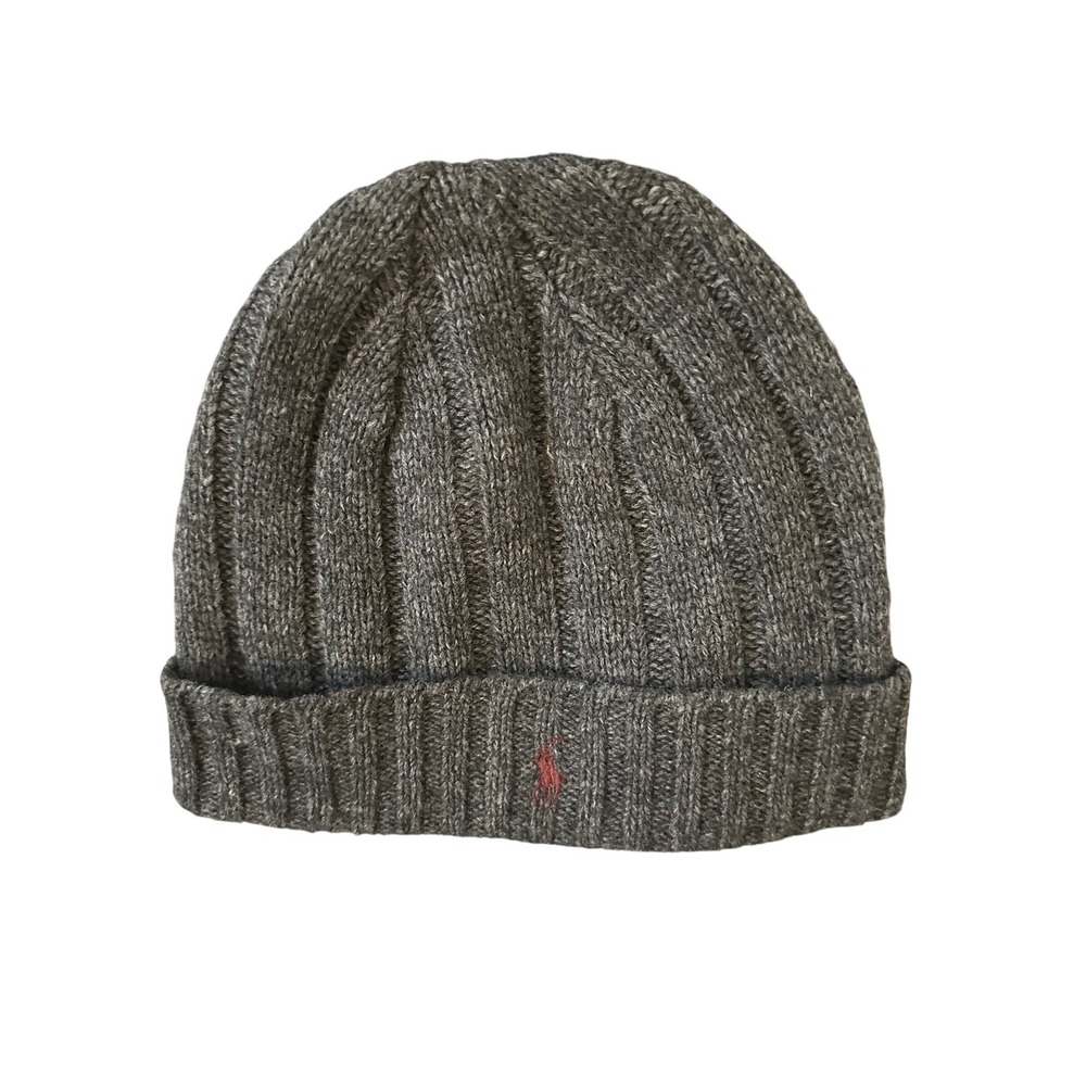 Polo Ralph Lauren Mens Ribbed Knit Beanie Charcoal Grey Red Pony Logo One Size